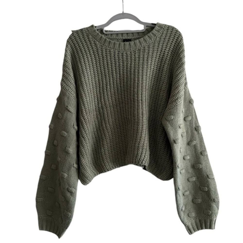 Women’s Sage Olive Green Balloon Long Sleeve Sweater Crop Boho Pullover Large